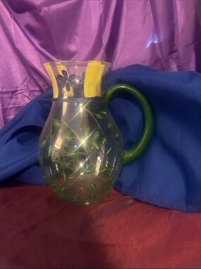 Hand-Painted Green Leaf Glass Pitcher with Yellow Accent by Hausen Ware